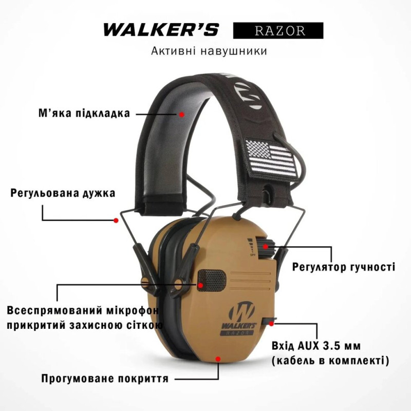 Активні навушники Walker's Razor Slim Electronic Muffs - Brown/GWP-RSEM-BB