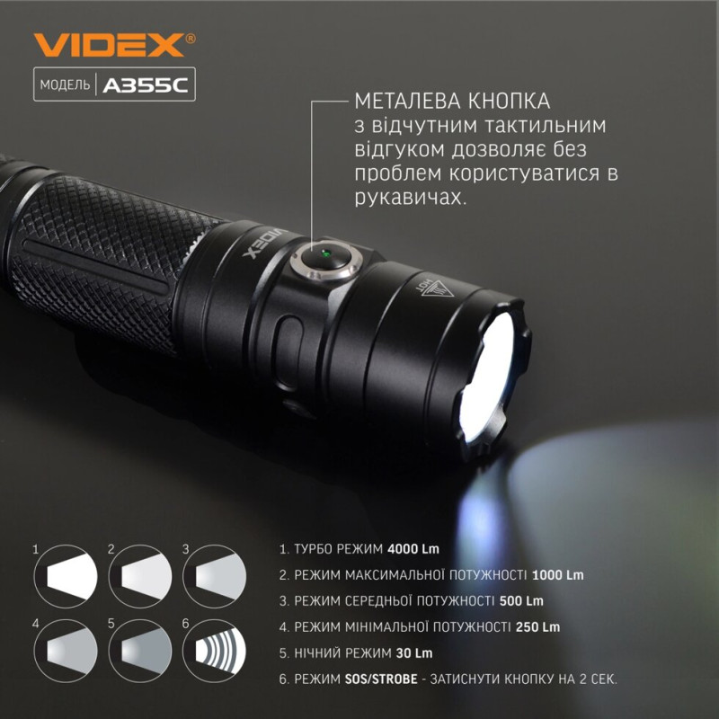 Портативний світлодіодний ліхтарик VIDEX VLF-A355C 4000Lm 5000K