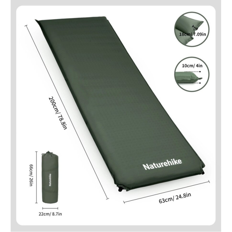 Килимок самонад. одном. з подушкою Naturehike CNK2450WS020, 100 мм, темно-зел.